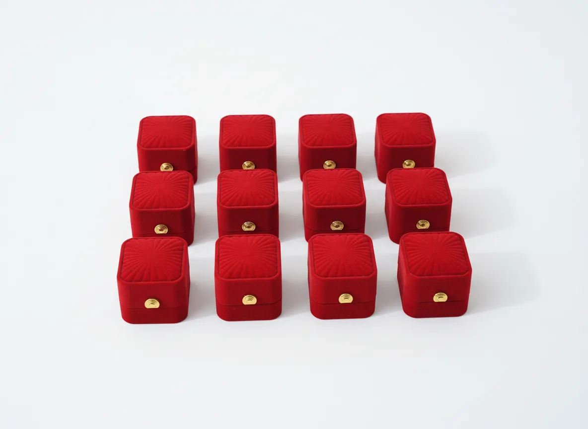 Paquete de 12 cajas de joyería de 5,4×4,8×4 cm, del mismo color. Diseñadas para anillos y aretes, con soporte interior que asegura una correcta colocación de las piezas. Fabricadas con estructura rígida para proteger la joyería durante exhibición, entrega y almacenamiento. Ideales para uso comercial y presentación uniforme en punto de venta.