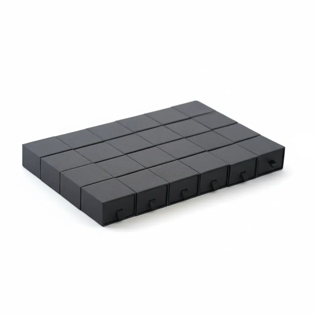 Paquete de 24 cajas de joyería para anillo de 5×5×3,5 cm, del mismo color. Diseñadas para la presentación y resguardo. Cuentan con soporte interior que permite colocar la pieza de forma estable y centrada. Fabricadas en material rígido, ofrecen protección durante la exhibición, entrega y almacenamiento. Su formato compacto proporciona una presentación limpia y ordenada, adecuada para uso comercial.