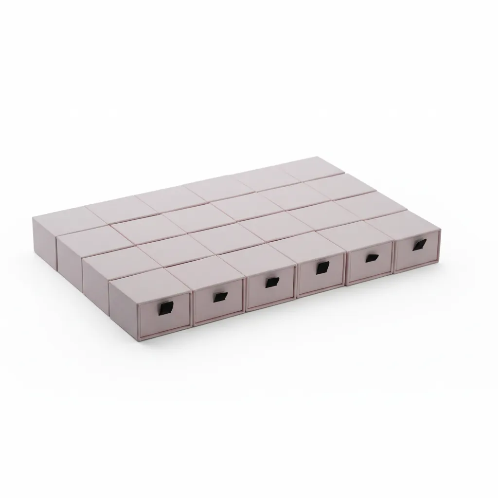 Paquete de 24 cajas de joyería para anillo de 5×5×3,5 cm, del mismo color. Diseñadas para la presentación y resguardo. Cuentan con soporte interior que permite colocar la pieza de forma estable y centrada. Fabricadas en material rígido, ofrecen protección durante la exhibición, entrega y almacenamiento. Su formato compacto proporciona una presentación limpia y ordenada, adecuada para uso comercial.