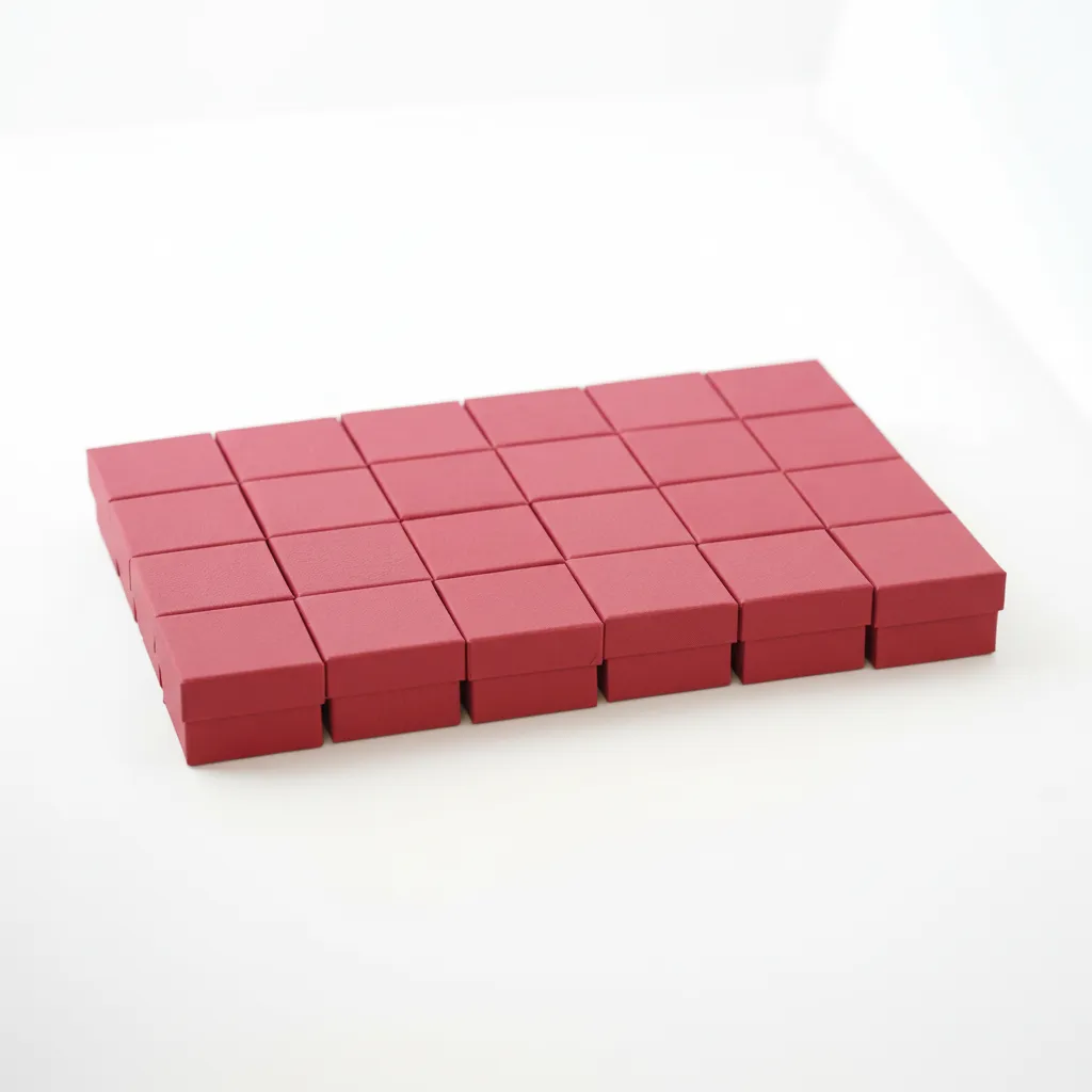 Paquete de 24 cajas de joyería para anillo de 5×5×3,5 cm, del mismo color. Diseñadas para la presentación y resguardo. Cuentan con soporte interior que permite colocar la pieza de forma estable y centrada. Fabricadas en material rígido, ofrecen protección durante la exhibición, entrega y almacenamiento. Su formato compacto proporciona una presentación limpia y ordenada, adecuada para uso comercial.