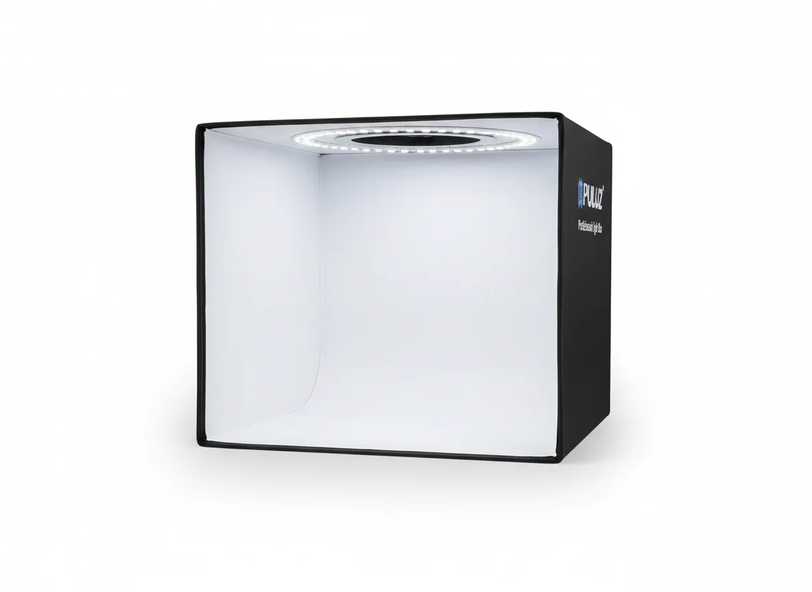 Caja de luz fotográfica de 40 cm con sistema de iluminación circular integrado. Incluye luz LED con alimentación por USB y fondos intercambiables de doble cara. Diseñada para fotografía de producto, permitiendo una iluminación uniforme y controlada en objetos pequeños y medianos. Formato práctico para uso en estudio, ecommerce y creación de contenido.