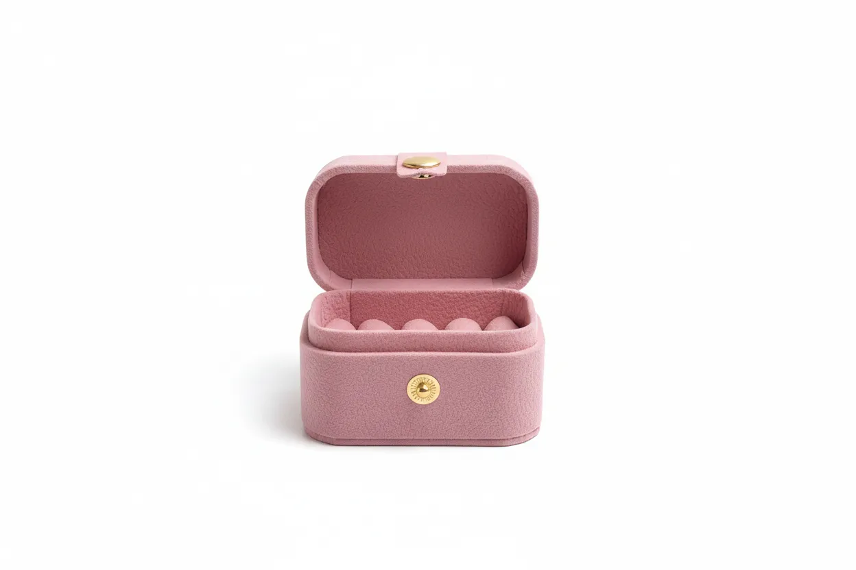 Caja de joyería de 6,5×3,5×4,5 cm, diseñada para la presentación y resguardo de anillos y aretes. Cuenta con interior acolchado que permite colocar las piezas de forma estable, ofreciendo una presentación ordenada y protección durante la exhibición, venta y almacenamiento.