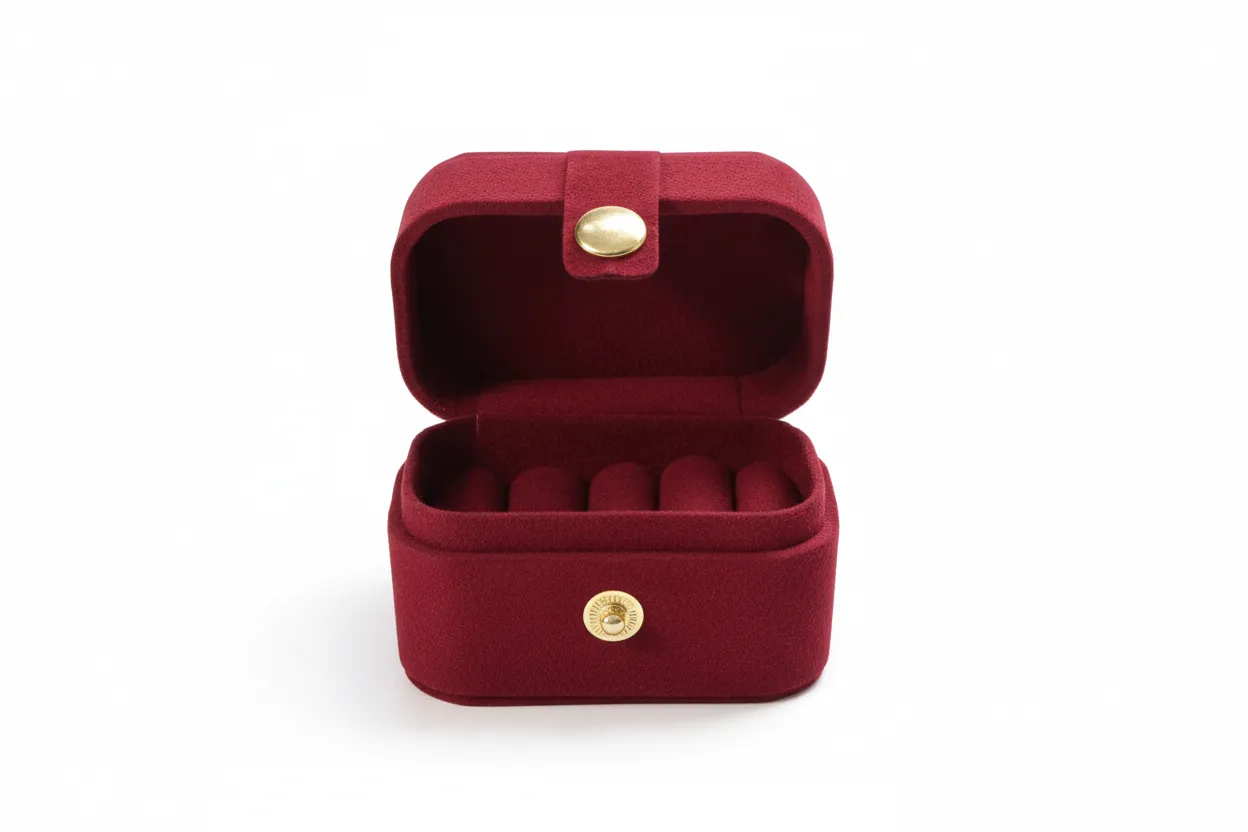 Caja de joyería de 6,5×3,5×4,5 cm, diseñada para la presentación y resguardo de anillos y aretes. Cuenta con interior acolchado que permite colocar las piezas de forma estable, ofreciendo una presentación ordenada y protección durante la exhibición, venta y almacenamiento.